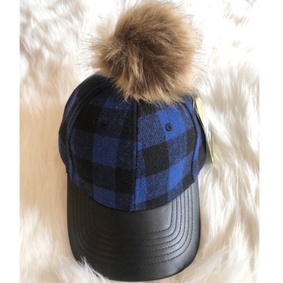 Angela & William Blue Black Plaid Fur Pom Pom Plaid Dad Wool Hat NWT main image 5